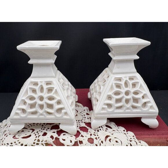 Pair Vintage Candle Holders Ardalt Artware Japan Openwork White Porcelain - Picture 1 of 8
